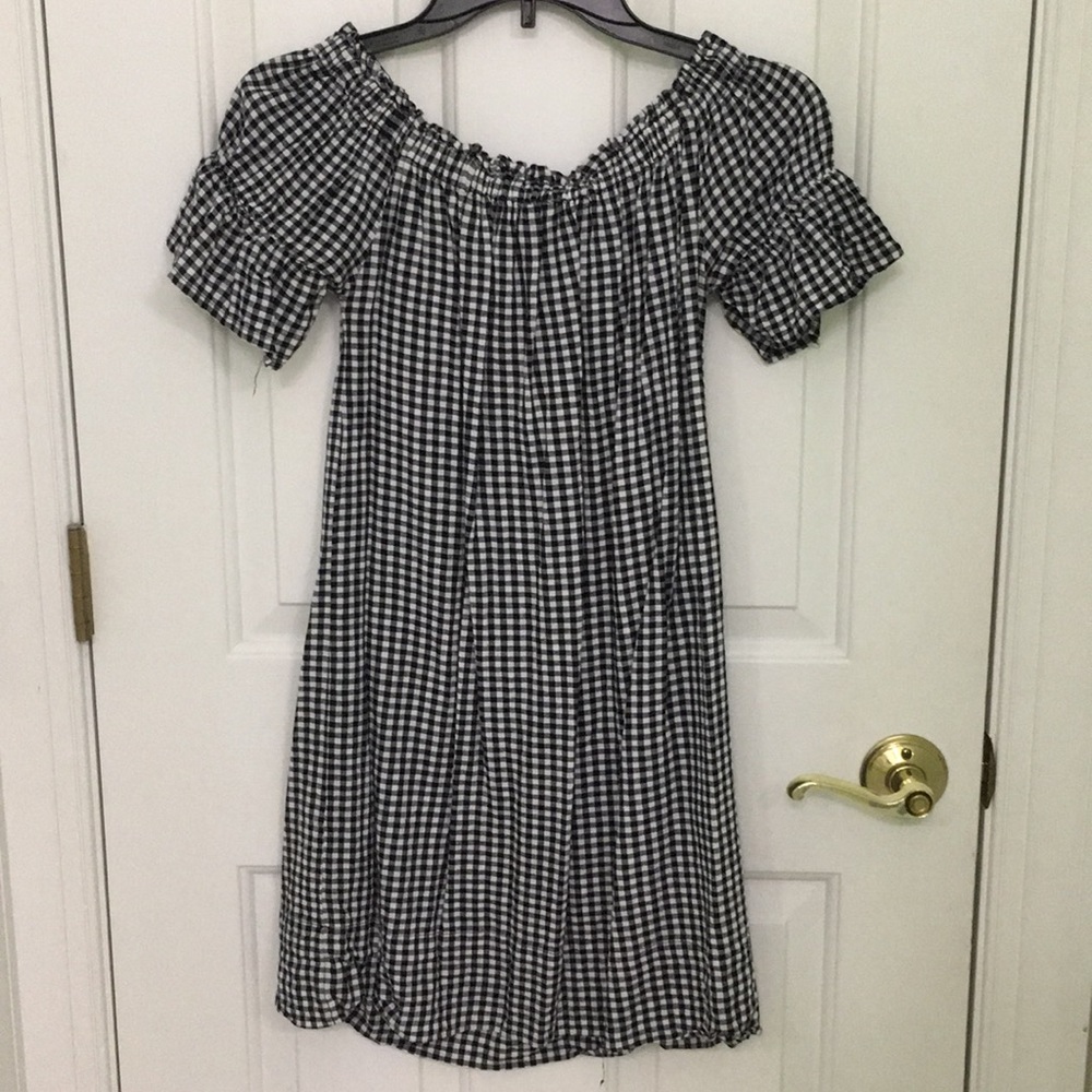 Black & white checkered off the shoulder dress